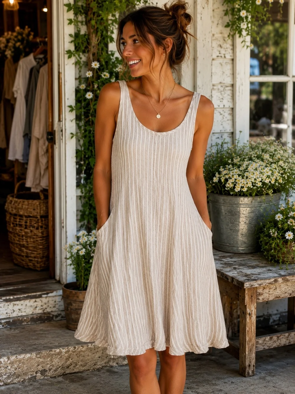 UNIVERSAL THREAD Sleeveless Striped Tank Dress in Beige